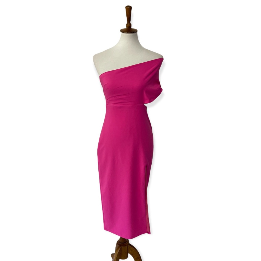 La Patean designer one shoulder cutout bright pink colorblock midi dress small